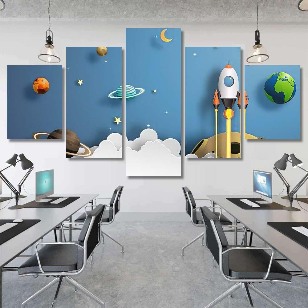 Paper Art Style Rocket Flying Space 3 Galaxy Sky and Space Multi Piece Panel Canvas Home Decor Housewarming Gift Ideas Poster Canvas Gallery Prints