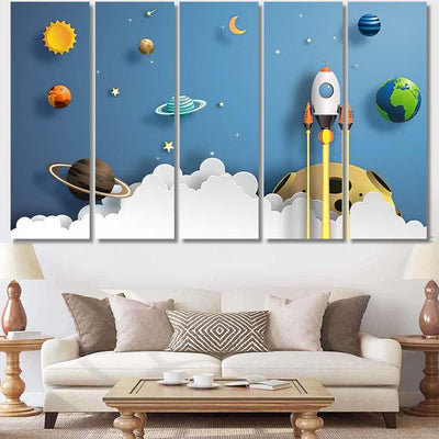 Paper Art Style Rocket Flying Space 3 Galaxy Sky and Space Multi Piece Panel Canvas Home Decor Housewarming Gift Ideas Poster Canvas Gallery Prints