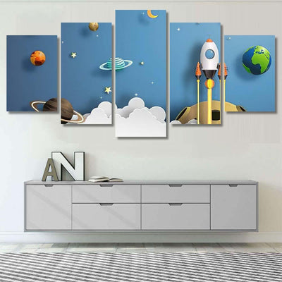 Paper Art Style Rocket Flying Space 3 Galaxy Sky and Space Multi Piece Panel Canvas Home Decor Housewarming Gift Ideas Poster Canvas Gallery Prints