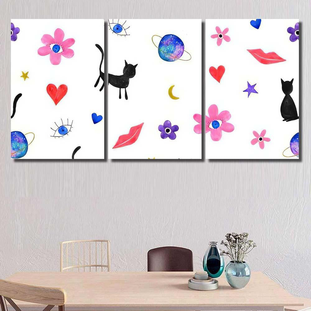 Hand Abstract Watercolor Cats Planets Galaxy Sky and Space Multi Piece Panel Canvas Home Decor Housewarming Gift Ideas Poster Canvas Gallery Prints