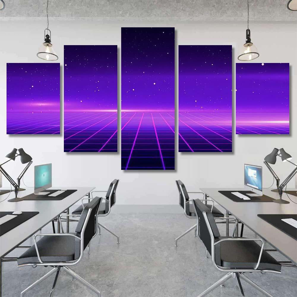 Retro Scifi Background Futuristic Grid Landscape 1 Galaxy Sky and Space Multi Piece Panel Canvas Home Decor Housewarming Gift Ideas Poster Canvas Gallery Prints