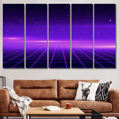 Retro Scifi Background Futuristic Grid Landscape 1 Galaxy Sky and Space Multi Piece Panel Canvas Home Decor Housewarming Gift Ideas Poster Canvas Gallery Prints