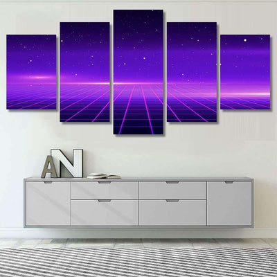 Retro Scifi Background Futuristic Grid Landscape 1 Galaxy Sky and Space Multi Piece Panel Canvas Home Decor Housewarming Gift Ideas Poster Canvas Gallery Prints
