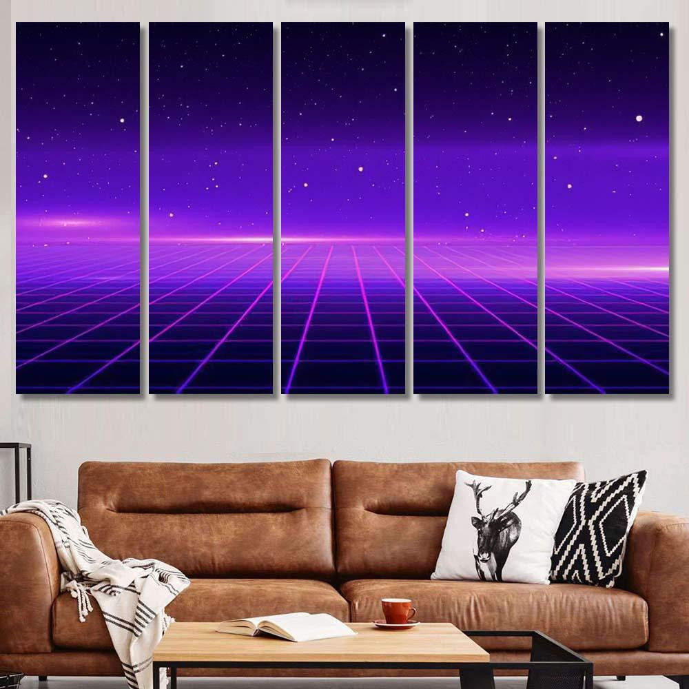 Retro Scifi Background Futuristic Grid Landscape 1 Galaxy Sky and Space Multi Piece Panel Canvas Home Decor Housewarming Gift Ideas Poster Canvas Gallery Prints