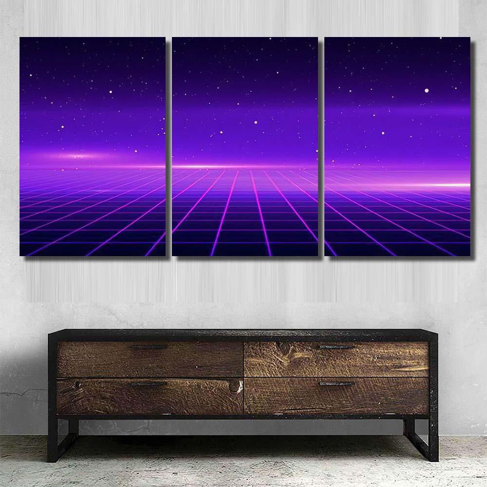 Retro Scifi Background Futuristic Grid Landscape 1 Galaxy Sky and Space Multi Piece Panel Canvas Home Decor Housewarming Gift Ideas Poster Canvas Gallery Prints
