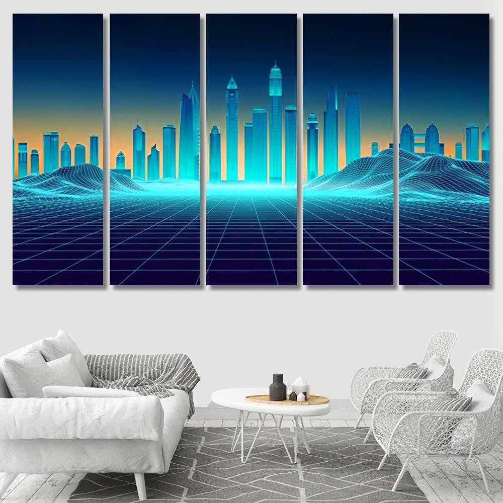 Retro Background Futuristic Landscape 1980S Style 5 Galaxy Sky and Space Multi Piece Panel Canvas Home Decor Housewarming Gift Ideas Poster Canvas Gallery Prints