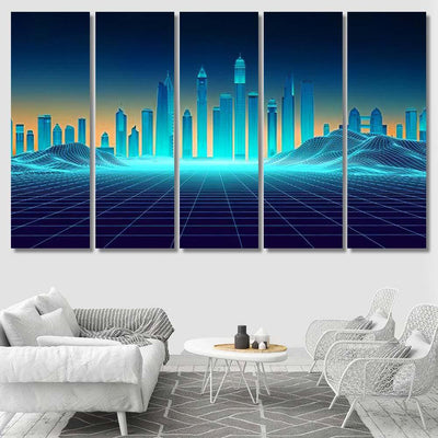 Retro Background Futuristic Landscape 1980S Style 5 Galaxy Sky and Space Multi Piece Panel Canvas Home Decor Housewarming Gift Ideas Poster Canvas Gallery Prints