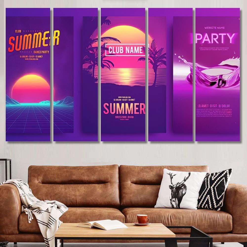 Retro Background Futuristic Landscape 1980S Style 1 Galaxy Sky and Space Multi Piece Panel Canvas Home Decor Housewarming Gift Ideas Poster Canvas Gallery Prints