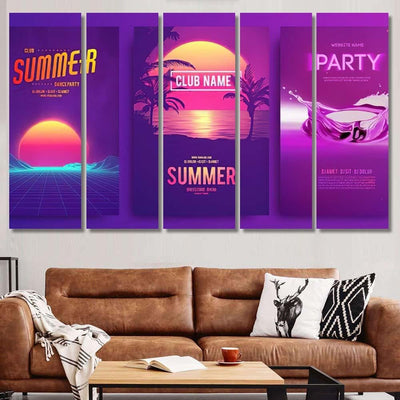 Retro Background Futuristic Landscape 1980S Style 1 Galaxy Sky and Space Multi Piece Panel Canvas Home Decor Housewarming Gift Ideas Poster Canvas Gallery Prints