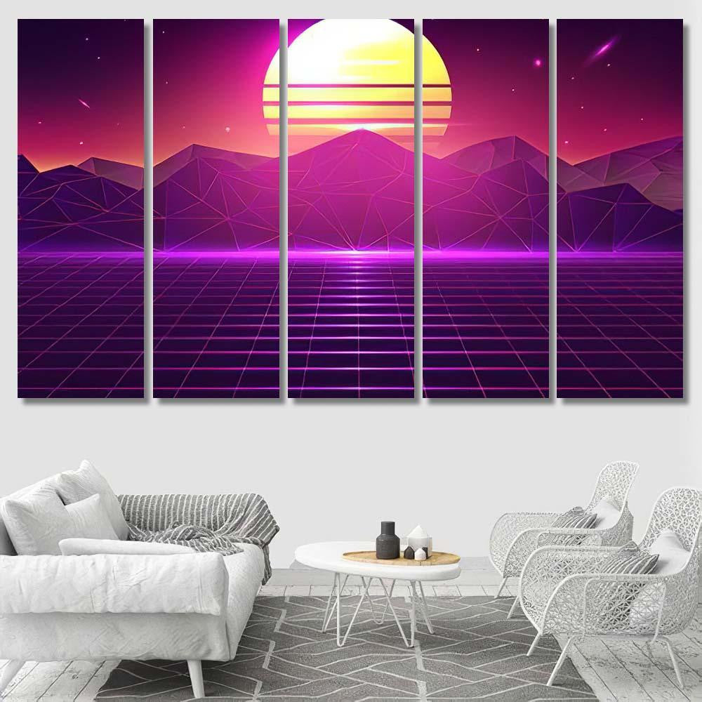Retro Grid Landscape Vector Background Galaxy Sky and Space Multi Piece Panel Canvas Home Decor Housewarming Gift Ideas Poster Canvas Gallery Prints