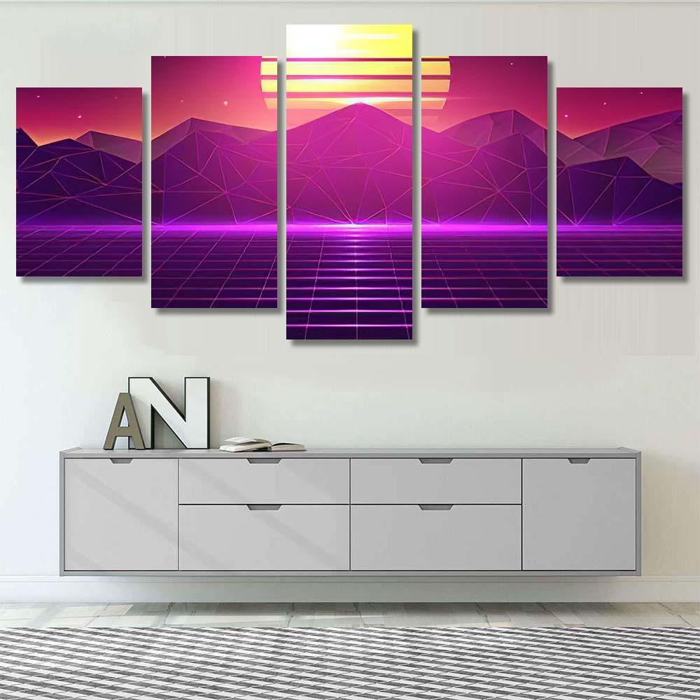 Retro Grid Landscape Vector Background Galaxy Sky and Space Multi Piece Panel Canvas Home Decor Housewarming Gift Ideas Poster Canvas Gallery Prints