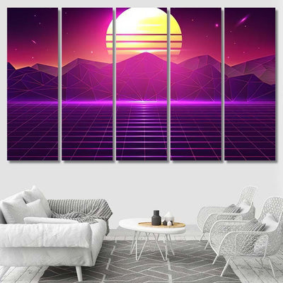 Retro Grid Landscape Vector Background Galaxy Sky and Space Multi Piece Panel Canvas Home Decor Housewarming Gift Ideas Poster Canvas Gallery Prints
