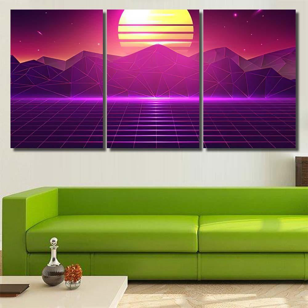 Retro Grid Landscape Vector Background Galaxy Sky and Space Multi Piece Panel Canvas Home Decor Housewarming Gift Ideas Poster Canvas Gallery Prints