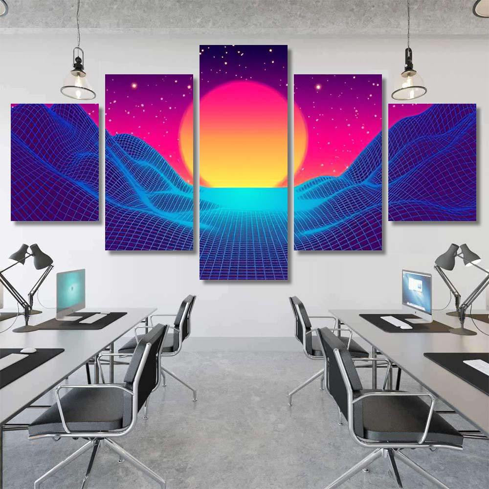 Retro Background Futuristic Landscape 1980S Style 3 Galaxy Sky and Space Multi Piece Panel Canvas Home Decor Housewarming Gift Ideas Poster Canvas Gallery Prints