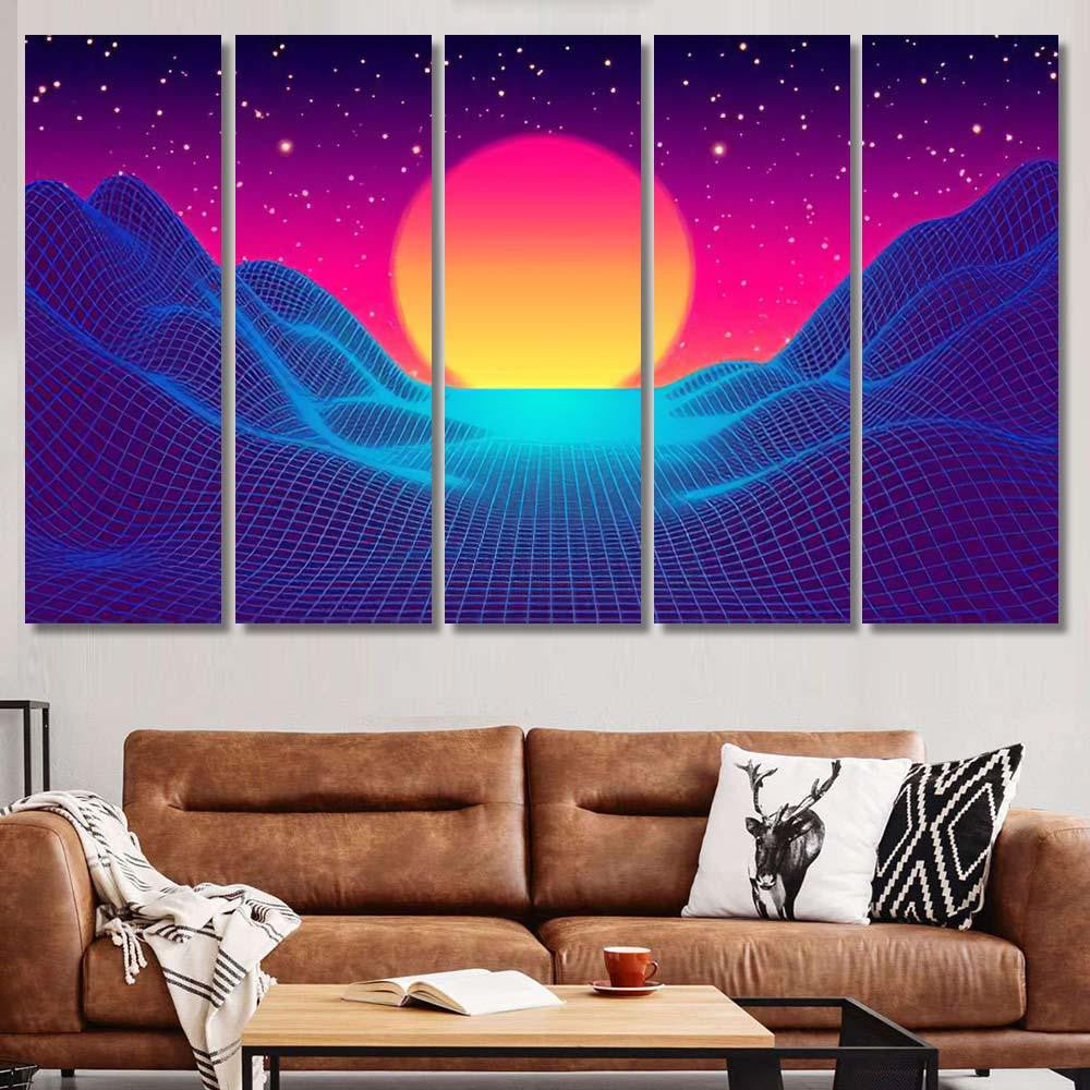 Retro Background Futuristic Landscape 1980S Style 3 Galaxy Sky and Space Multi Piece Panel Canvas Home Decor Housewarming Gift Ideas Poster Canvas Gallery Prints