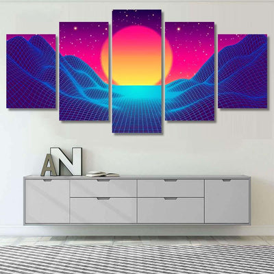 Retro Background Futuristic Landscape 1980S Style 3 Galaxy Sky and Space Multi Piece Panel Canvas Home Decor Housewarming Gift Ideas Poster Canvas Gallery Prints