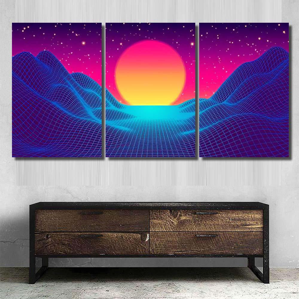 Retro Background Futuristic Landscape 1980S Style 3 Galaxy Sky and Space Multi Piece Panel Canvas Home Decor Housewarming Gift Ideas Poster Canvas Gallery Prints