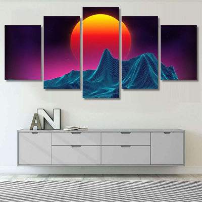 Retro Background Futuristic Landscape 1980S Style 15 Galaxy Sky and Space Multi Piece Panel Canvas Home Decor Housewarming Gift Ideas Poster Canvas Gallery Prints