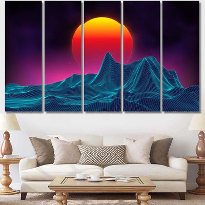 Retro Background Futuristic Landscape 1980S Style 15 Galaxy Sky and Space Multi Piece Panel Canvas Home Decor Housewarming Gift Ideas Poster Canvas Gallery Prints