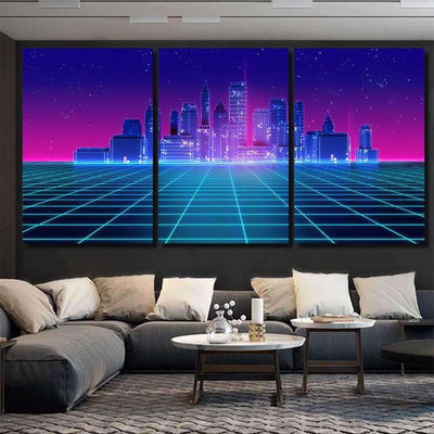 Retro Futuristic Skyscraper City 1980S Style 1 Galaxy Sky and Space Multi Piece Panel Canvas Home Decor Housewarming Gift Ideas Poster Canvas Gallery Prints
