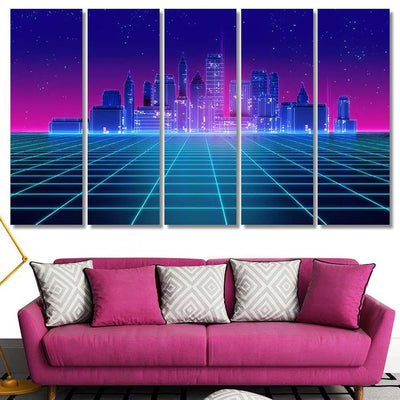 Retro Futuristic Skyscraper City 1980S Style 1 Galaxy Sky and Space Multi Piece Panel Canvas Home Decor Housewarming Gift Ideas Poster Canvas Gallery Prints