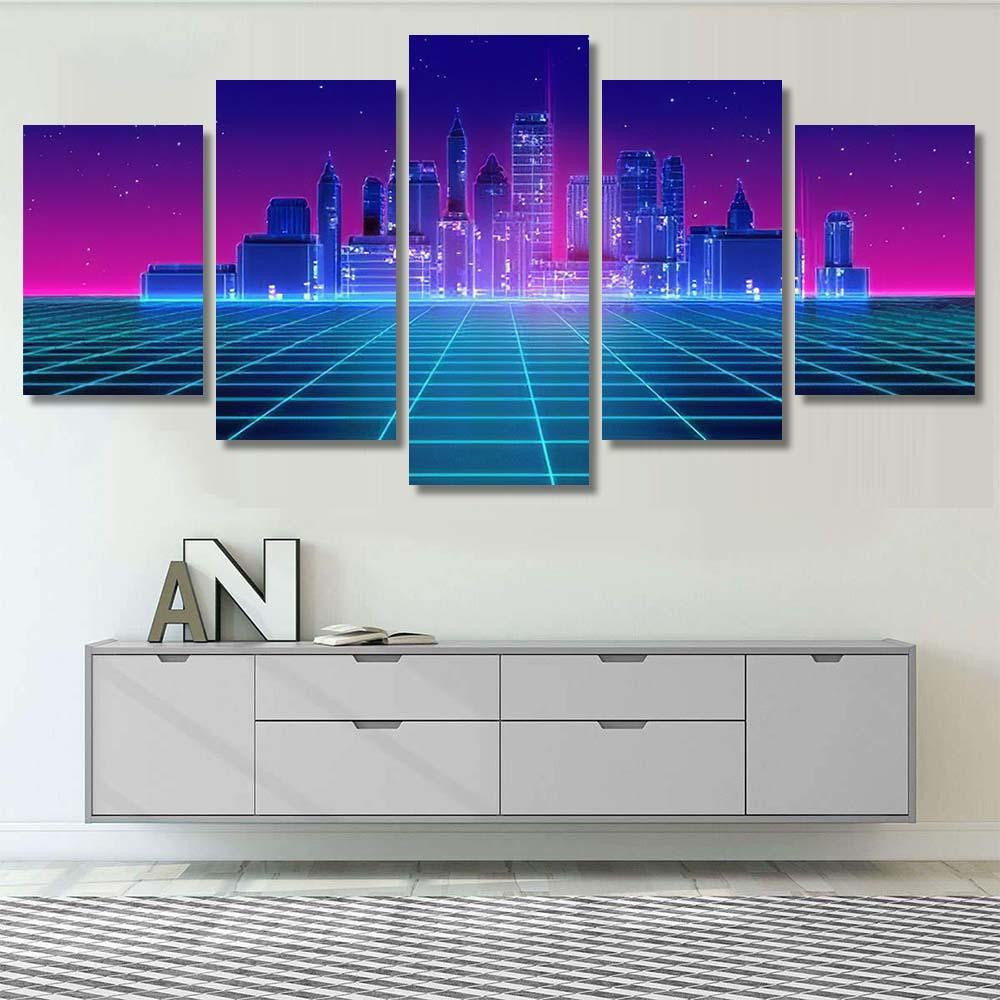 Retro Futuristic Skyscraper City 1980S Style 1 Galaxy Sky and Space Multi Piece Panel Canvas Home Decor Housewarming Gift Ideas Poster Canvas Gallery Prints