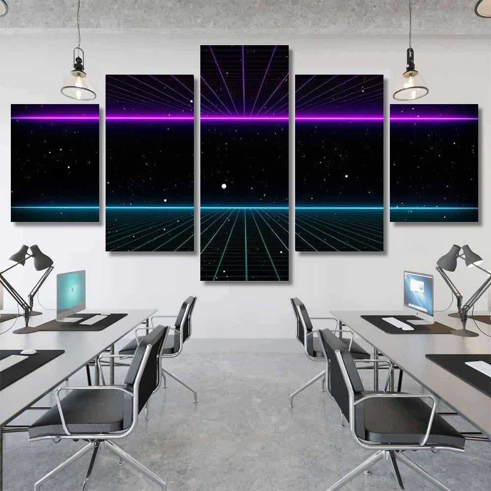 Retro Scifi Background Futuristic Grid Landscape Galaxy Sky and Space Multi Piece Panel Canvas Home Decor Housewarming Gift Ideas Poster Canvas Gallery Prints