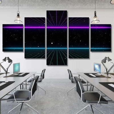Retro Scifi Background Futuristic Grid Landscape Galaxy Sky and Space Multi Piece Panel Canvas Home Decor Housewarming Gift Ideas Poster Canvas Gallery Prints