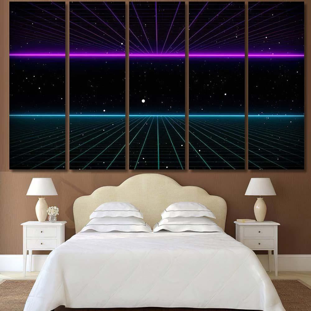 Retro Scifi Background Futuristic Grid Landscape Galaxy Sky and Space Multi Piece Panel Canvas Home Decor Housewarming Gift Ideas Poster Canvas Gallery Prints