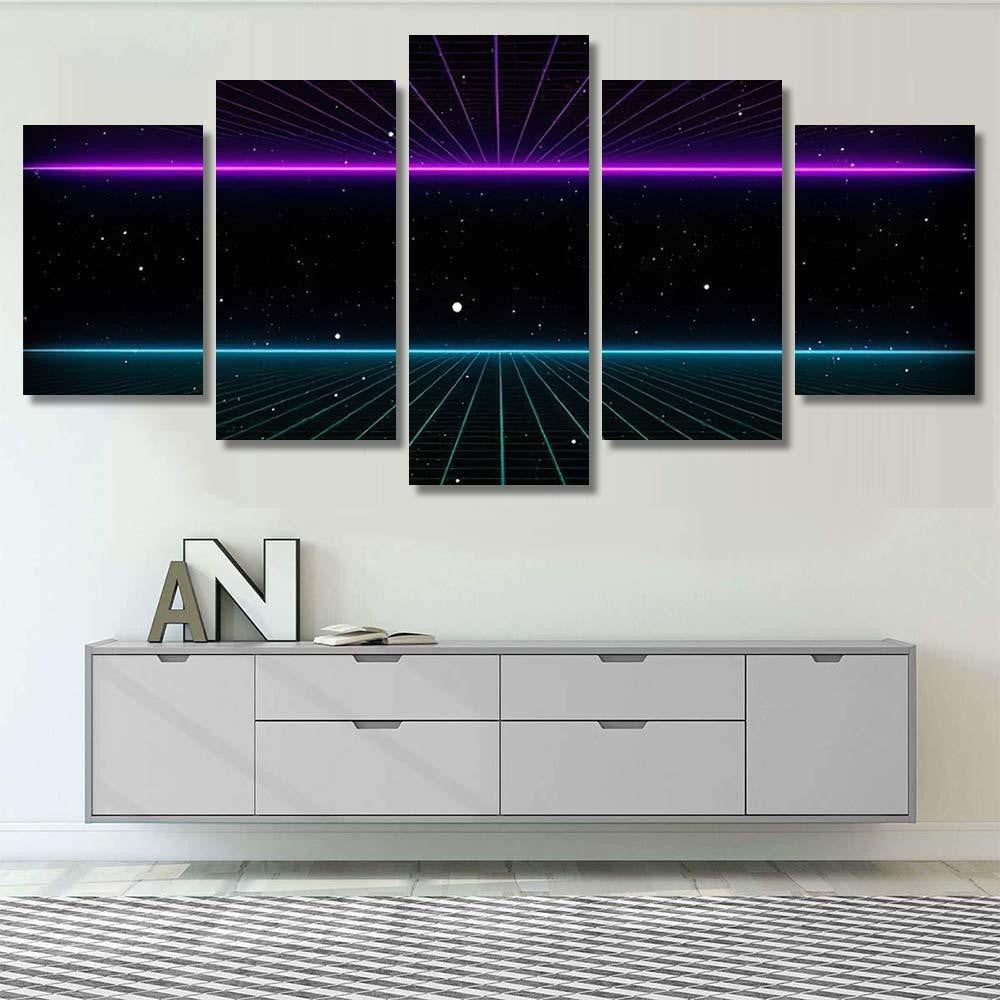Retro Scifi Background Futuristic Grid Landscape Galaxy Sky and Space Multi Piece Panel Canvas Home Decor Housewarming Gift Ideas Poster Canvas Gallery Prints