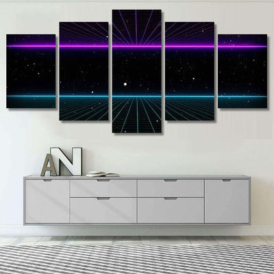 Retro Scifi Background Futuristic Grid Landscape Galaxy Sky and Space Multi Piece Panel Canvas Home Decor Housewarming Gift Ideas Poster Canvas Gallery Prints