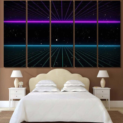 Retro Scifi Background Futuristic Grid Landscape Galaxy Sky and Space Multi Piece Panel Canvas Home Decor Housewarming Gift Ideas Poster Canvas Gallery Prints