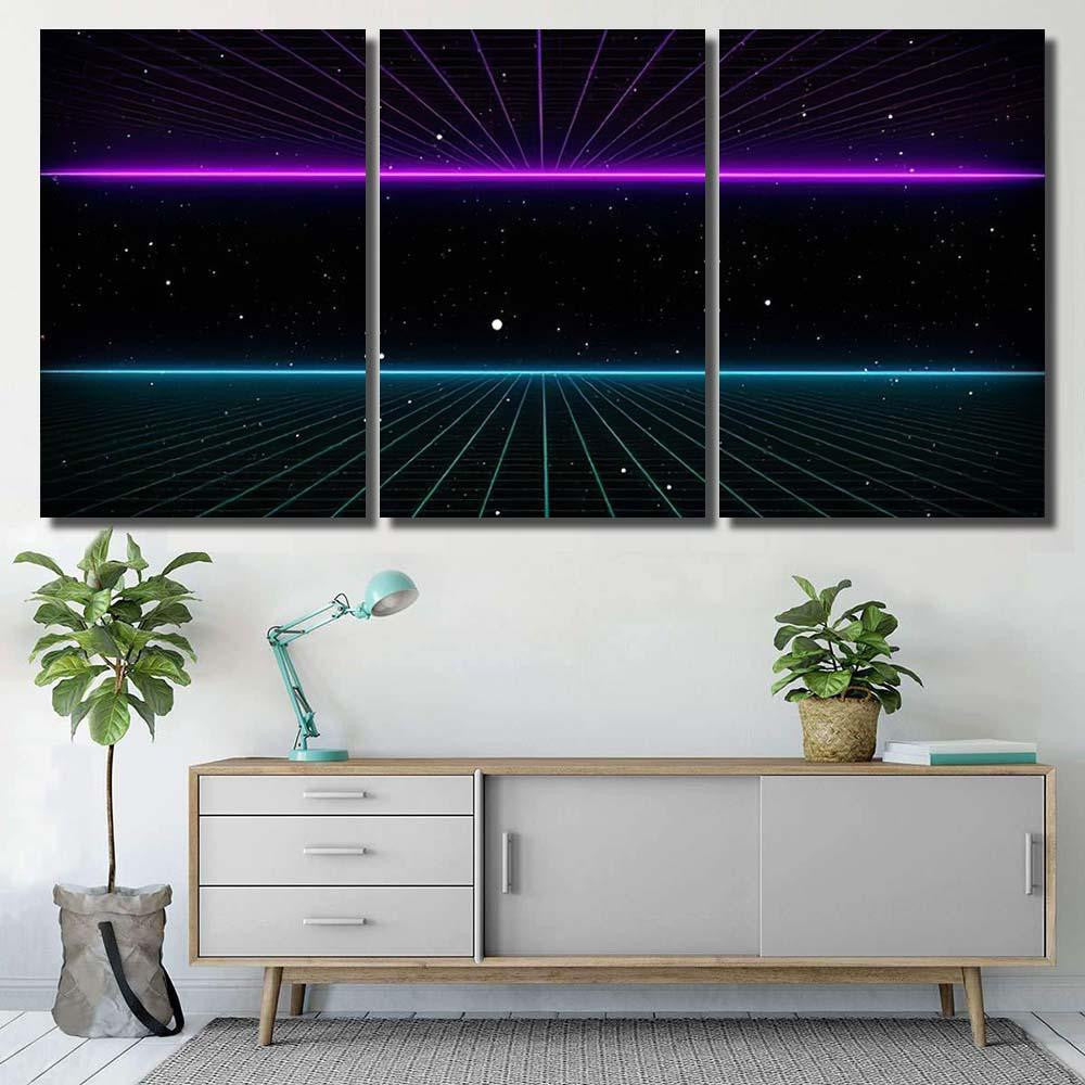 Retro Scifi Background Futuristic Grid Landscape Galaxy Sky and Space Multi Piece Panel Canvas Home Decor Housewarming Gift Ideas Poster Canvas Gallery Prints