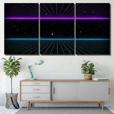 Retro Scifi Background Futuristic Grid Landscape Galaxy Sky and Space Multi Piece Panel Canvas Home Decor Housewarming Gift Ideas Poster Canvas Gallery Prints