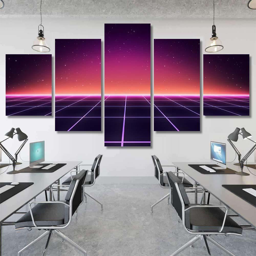 Retro Scifi Background Futuristic Grid Landscape 3 Galaxy Sky and Space Multi Piece Panel Canvas Home Decor Housewarming Gift Ideas Poster Canvas Gallery Prints
