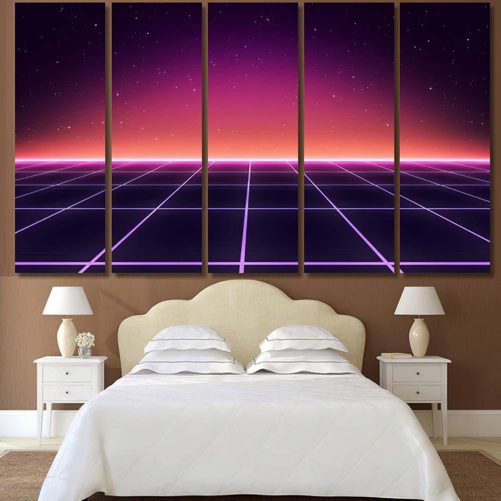 Retro Scifi Background Futuristic Grid Landscape 3 Galaxy Sky and Space Multi Piece Panel Canvas Home Decor Housewarming Gift Ideas Poster Canvas Gallery Prints