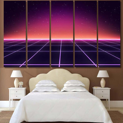 Retro Scifi Background Futuristic Grid Landscape 3 Galaxy Sky and Space Multi Piece Panel Canvas Home Decor Housewarming Gift Ideas Poster Canvas Gallery Prints