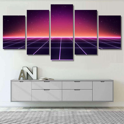 Retro Scifi Background Futuristic Grid Landscape 3 Galaxy Sky and Space Multi Piece Panel Canvas Home Decor Housewarming Gift Ideas Poster Canvas Gallery Prints
