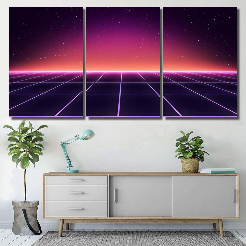 Retro Scifi Background Futuristic Grid Landscape 3 Galaxy Sky and Space Multi Piece Panel Canvas Home Decor Housewarming Gift Ideas Poster Canvas Gallery Prints