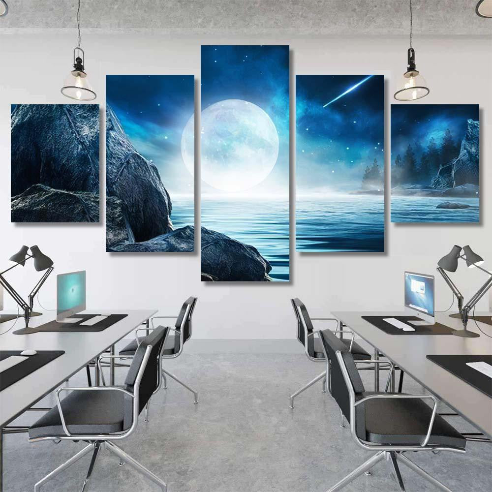 Night Futuristic Seascape Reflection Moon On Galaxy Sky and Space Multi Piece Panel Canvas Home Decor Housewarming Gift Ideas Poster Canvas Gallery Prints