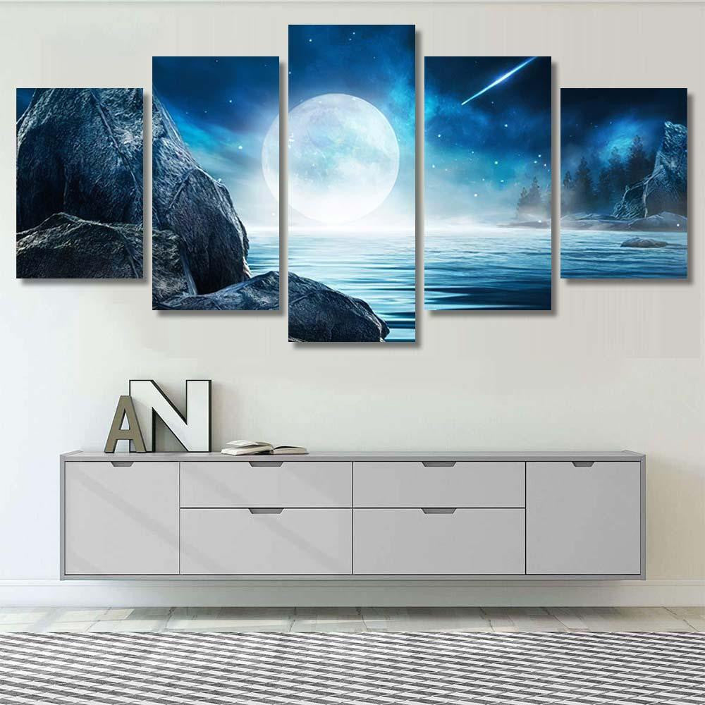 Night Futuristic Seascape Reflection Moon On Galaxy Sky and Space Multi Piece Panel Canvas Home Decor Housewarming Gift Ideas Poster Canvas Gallery Prints