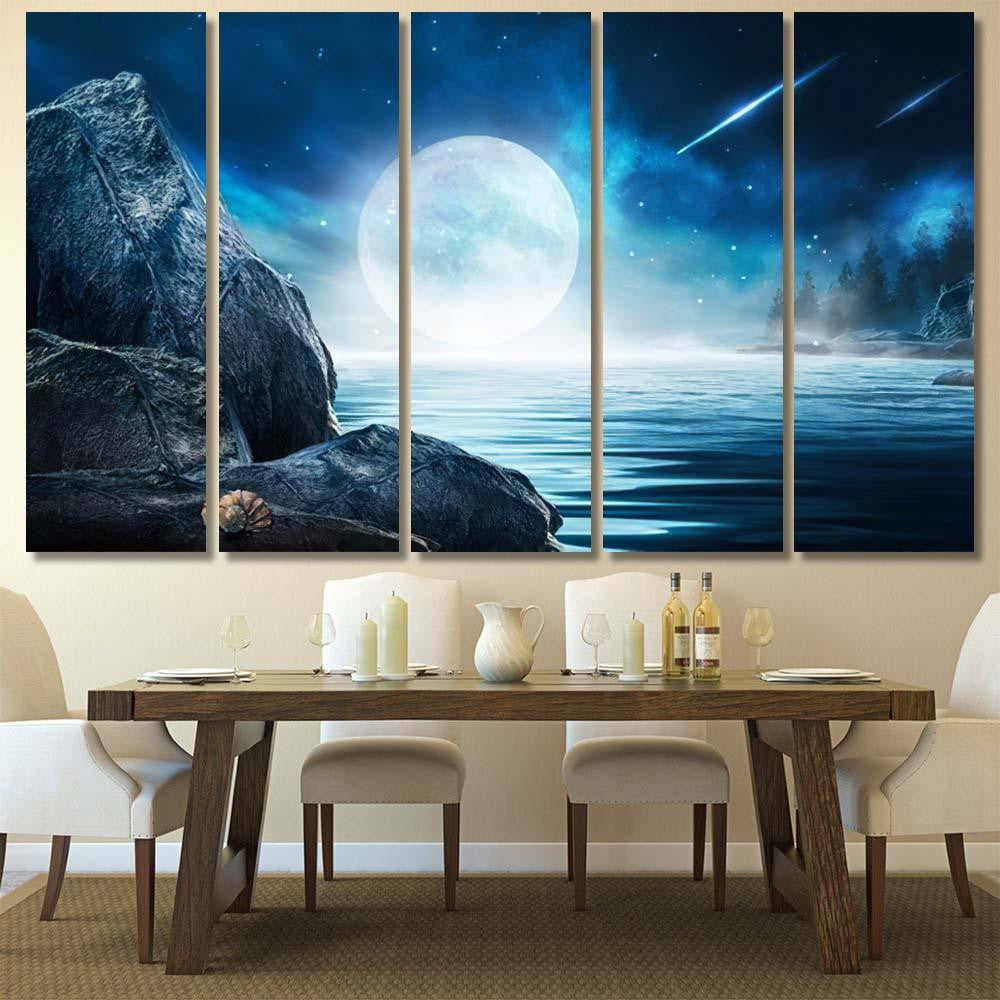 Night Futuristic Seascape Reflection Moon On Galaxy Sky and Space Multi Piece Panel Canvas Home Decor Housewarming Gift Ideas Poster Canvas Gallery Prints