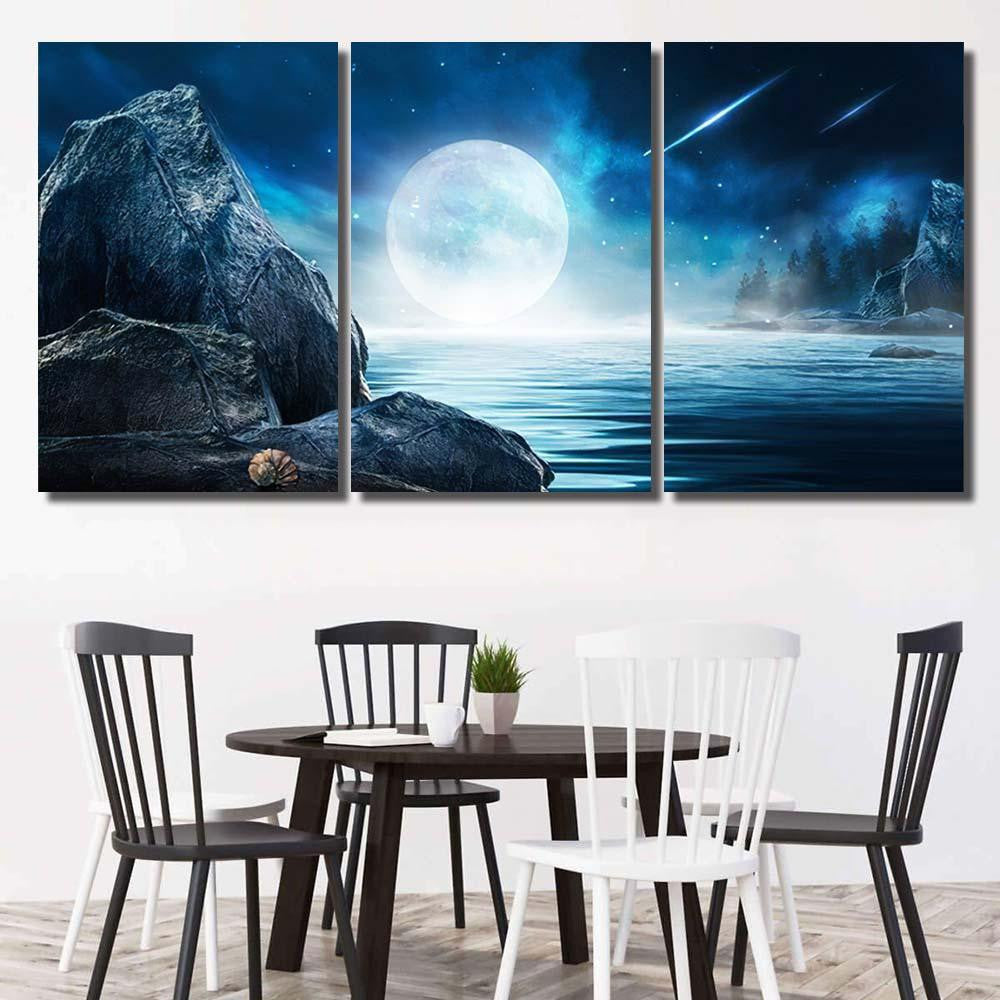 Night Futuristic Seascape Reflection Moon On Galaxy Sky and Space Multi Piece Panel Canvas Home Decor Housewarming Gift Ideas Poster Canvas Gallery Prints