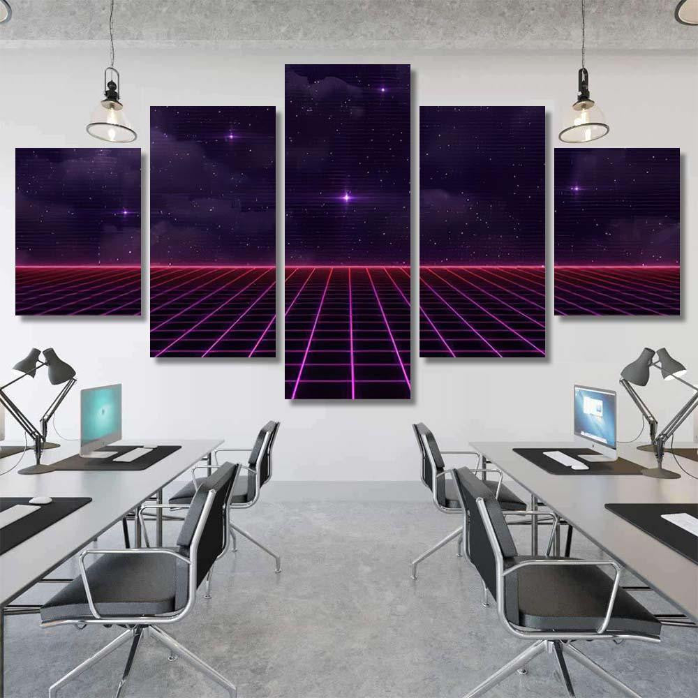 Retro Scifi Background Futuristic Grid Landscape 4 Galaxy Sky and Space Multi Piece Panel Canvas Home Decor Housewarming Gift Ideas Poster Canvas Gallery Prints