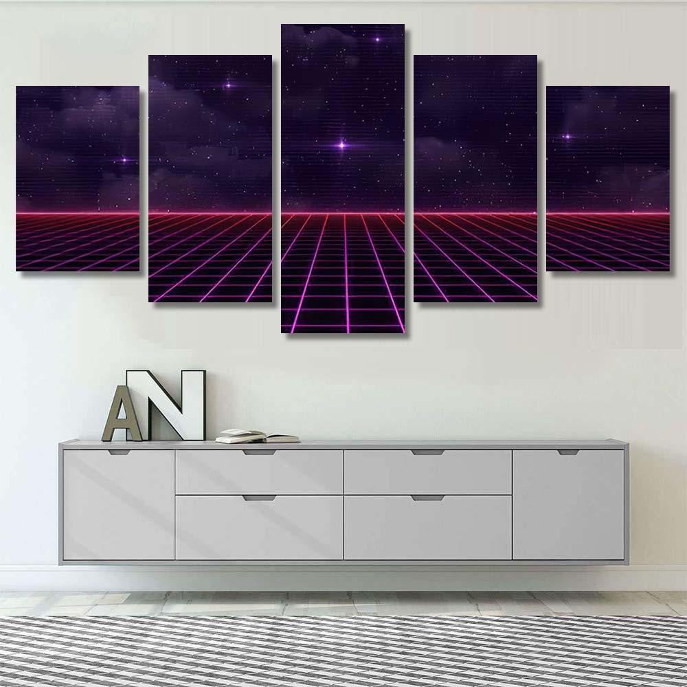 Retro Scifi Background Futuristic Grid Landscape 4 Galaxy Sky and Space Multi Piece Panel Canvas Home Decor Housewarming Gift Ideas Poster Canvas Gallery Prints