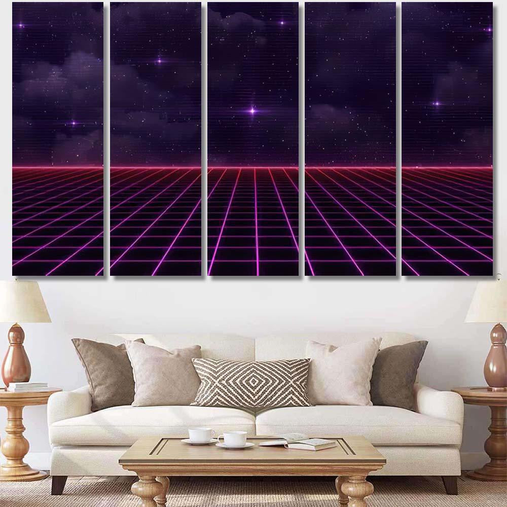Retro Scifi Background Futuristic Grid Landscape 4 Galaxy Sky and Space Multi Piece Panel Canvas Home Decor Housewarming Gift Ideas Poster Canvas Gallery Prints