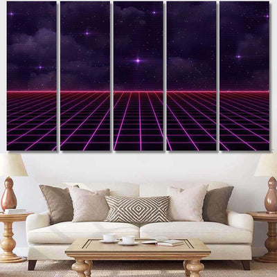 Retro Scifi Background Futuristic Grid Landscape 4 Galaxy Sky and Space Multi Piece Panel Canvas Home Decor Housewarming Gift Ideas Poster Canvas Gallery Prints