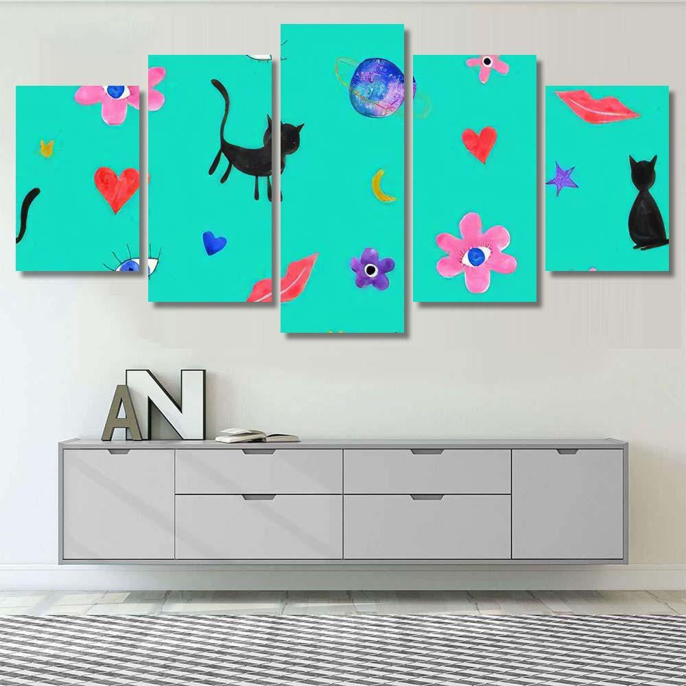 Hand Abstract Watercolor Cats Planets 9 Galaxy Sky and Space Multi Piece Panel Canvas Home Decor Housewarming Gift Ideas Poster Canvas Gallery Prints