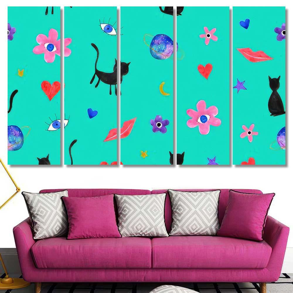 Hand Abstract Watercolor Cats Planets 9 Galaxy Sky and Space Multi Piece Panel Canvas Home Decor Housewarming Gift Ideas Poster Canvas Gallery Prints