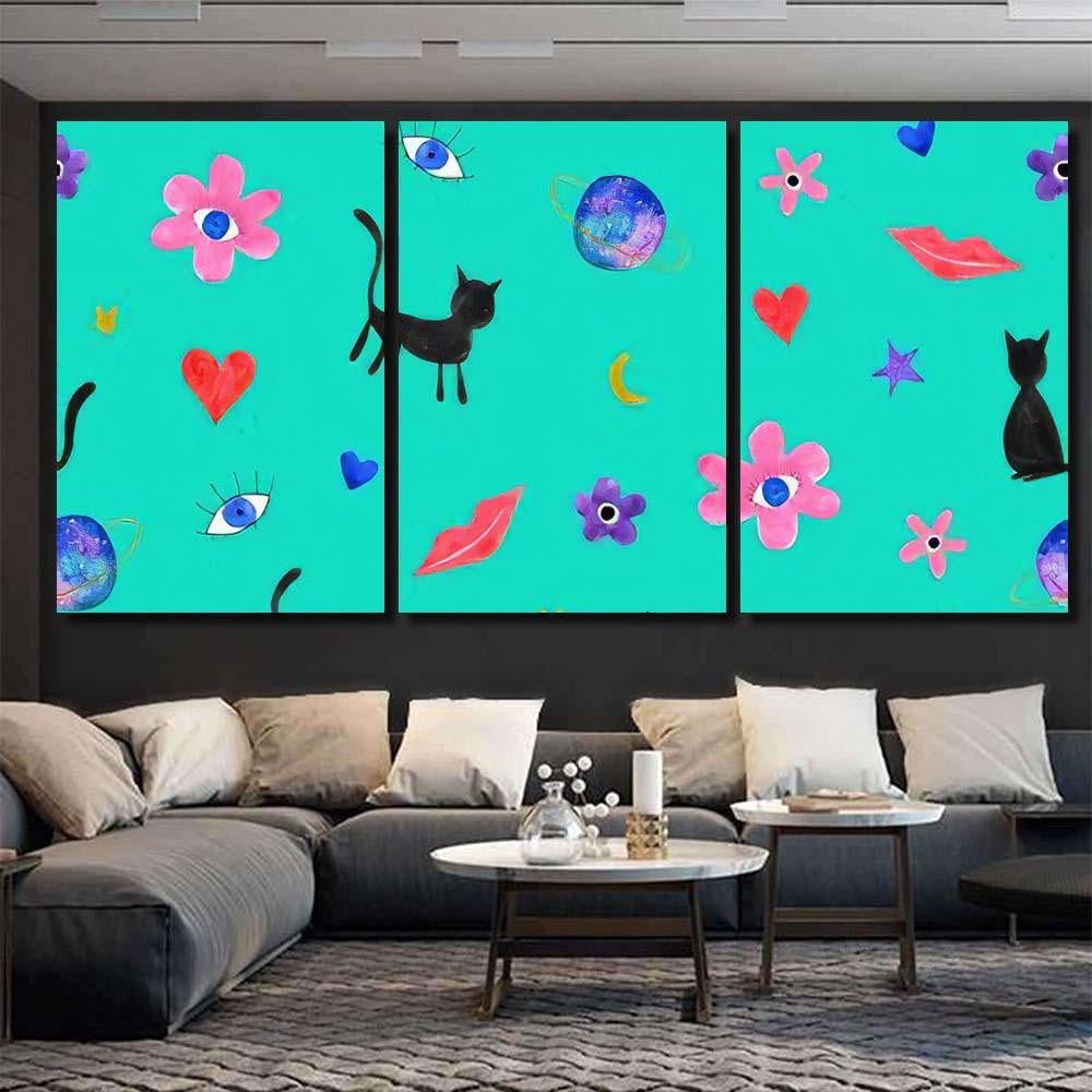 Hand Abstract Watercolor Cats Planets 9 Galaxy Sky and Space Multi Piece Panel Canvas Home Decor Housewarming Gift Ideas Poster Canvas Gallery Prints